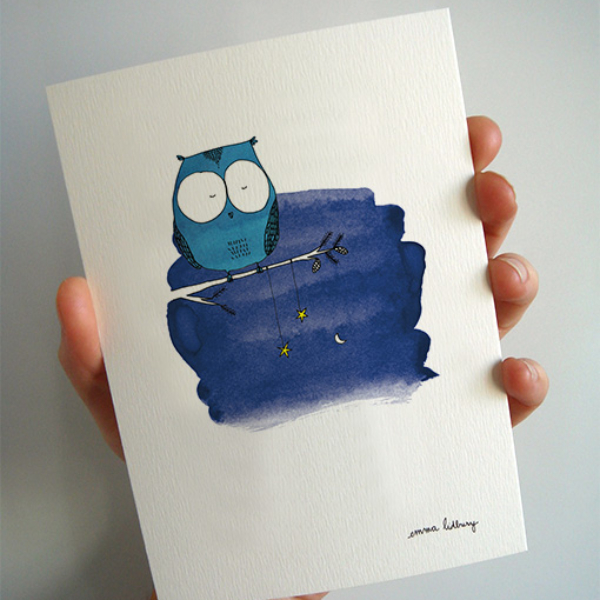 Carte hibou bleu nuit illustration lidbury