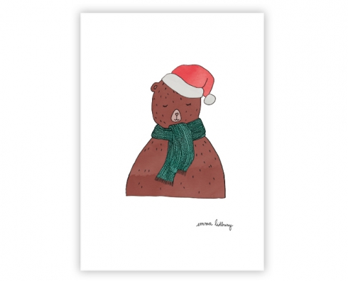 lacarteriedemma-lidbury-carte-oursons-noel-christmas carte d'un ours avec un bonnet de pere-noël par le shop de la carterie d'emma